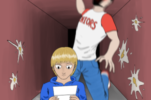 A senior in a "seniors" shirt with red eyes behind a shorter student holding a piece of paper