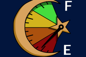 A crescent moon is on the left of a meter that has the letter F on the top and E on the bottom.
