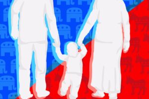 Two parents, one republican and one democrat, holding hands with their child.